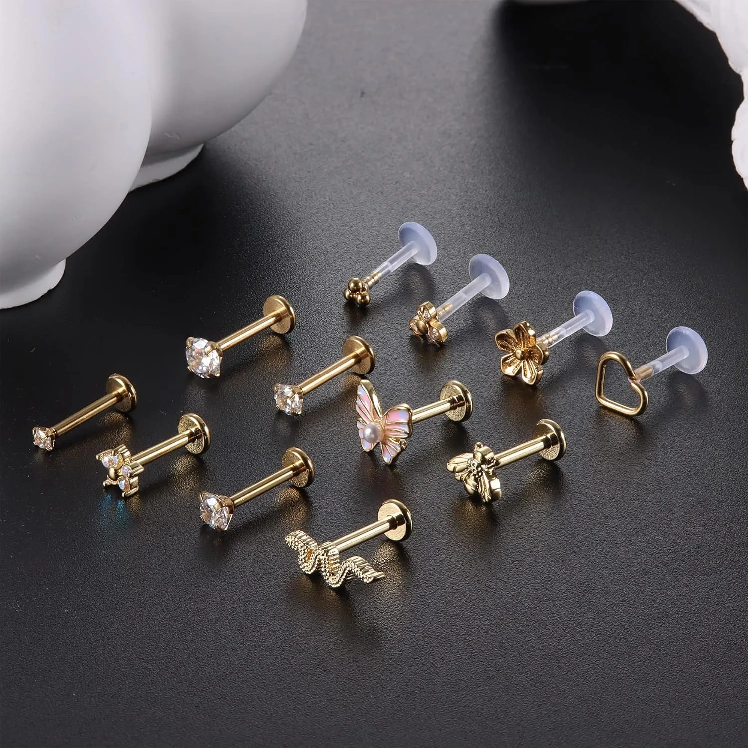 Drperfect-pendientes de acero quirúrgico para mujer, joyería de Piercings Monroe, Labret Helix, sin rosca, 16G, 1 unidad