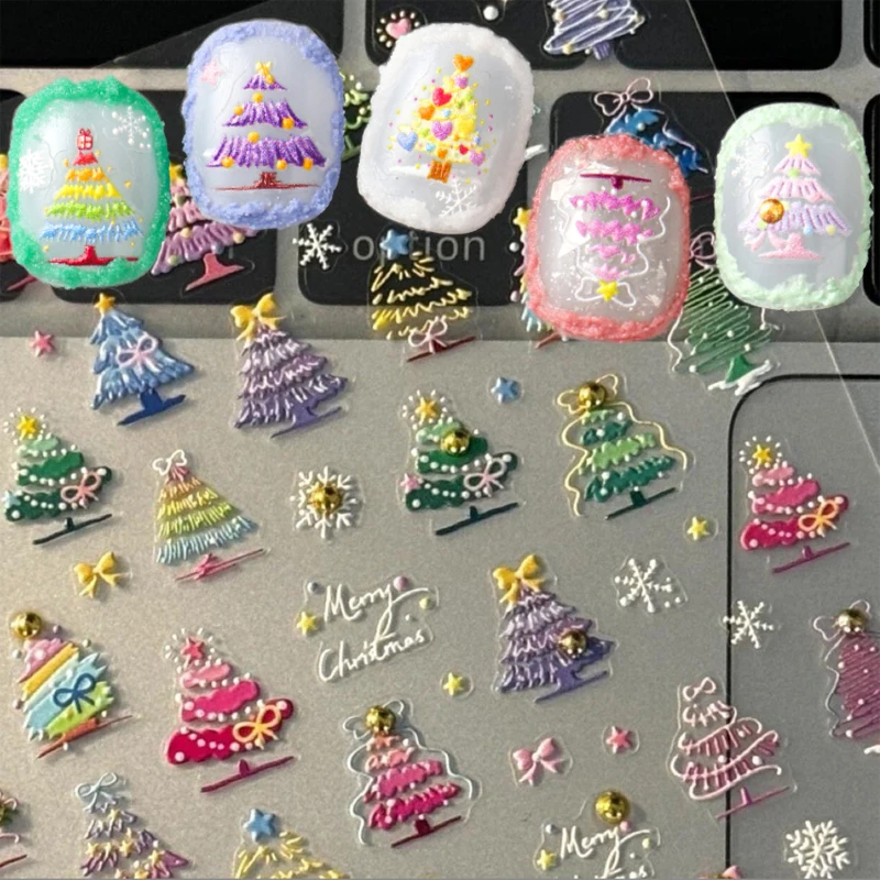 

Christmas Tree Nail Sticker Self Adhesive Nail Art Decals Rhinestone 5D Embossed Reliefs Colorful Xmas Tree Manicure Decorations