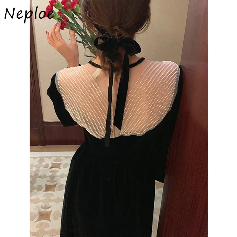 Neploe Autumn Winter 2024 New Ladies Dress French Style Temperament Pearl Collar Vintage Dresses Women Puff Sleeve Velvet Robe