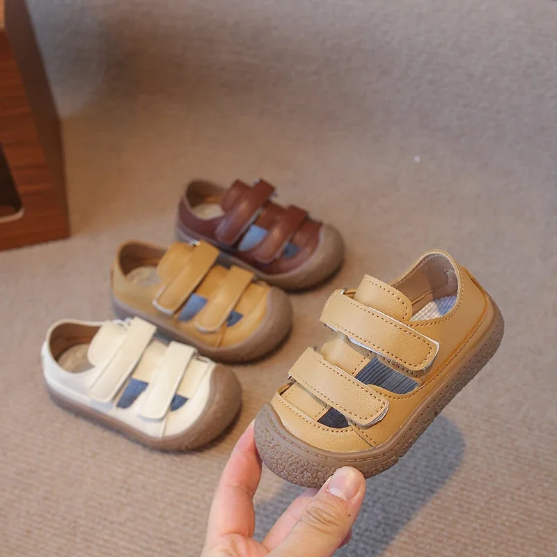 2024 New Boys Casual Shoes Versatile Hook & Loop Hollow Children Fashion Sandals Cute Kids Breatheable PU Leather Solid Color