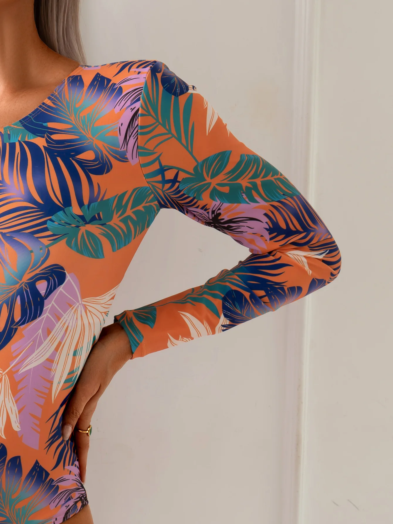 2026 mulheres em torno do pescoço sexy espartilho manga longa uma peça bodysuit aberto volta cortar férias banho floral maiô feminino ropa