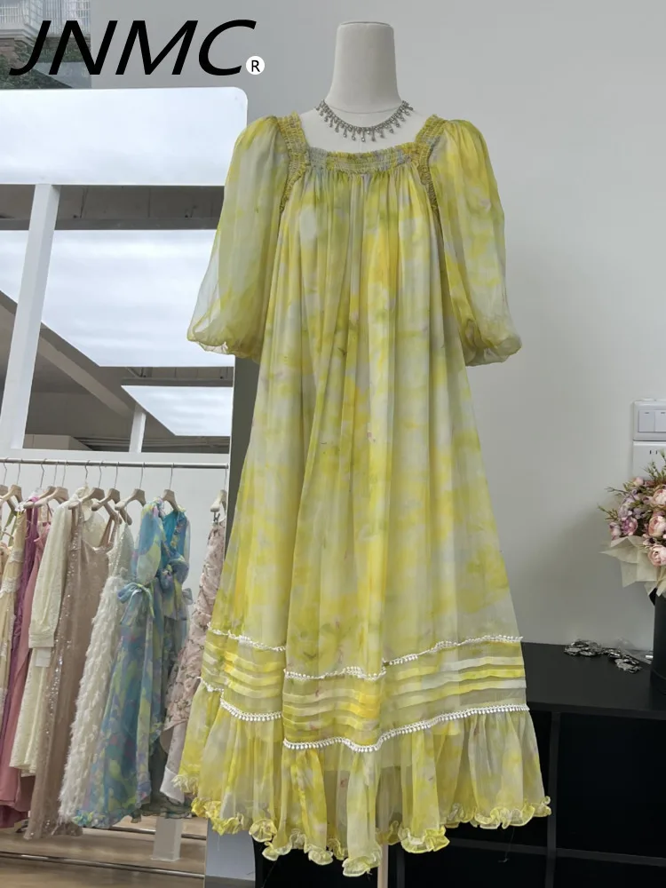 

JNMC Yellow Elegant And Fashionable Vacation Blend Bubble Sleeve Temperament Dress For Women 2024 Spring Summer New Collection