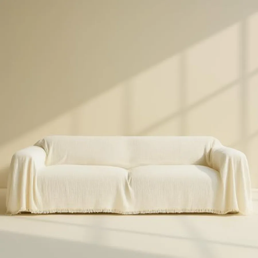 Washable Sofa Cover%100 Pure Cotton, Couch Covers for Loveseat, Futon, Sofa, Sectional L Shape, U Shape, 4 Layered Natural Musl