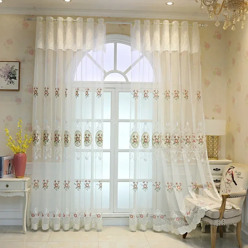 

European Style Window Screen Embroidery White Gauze Curtain Fabric High-grade Lace Embroidery Screen Solid Color Floating