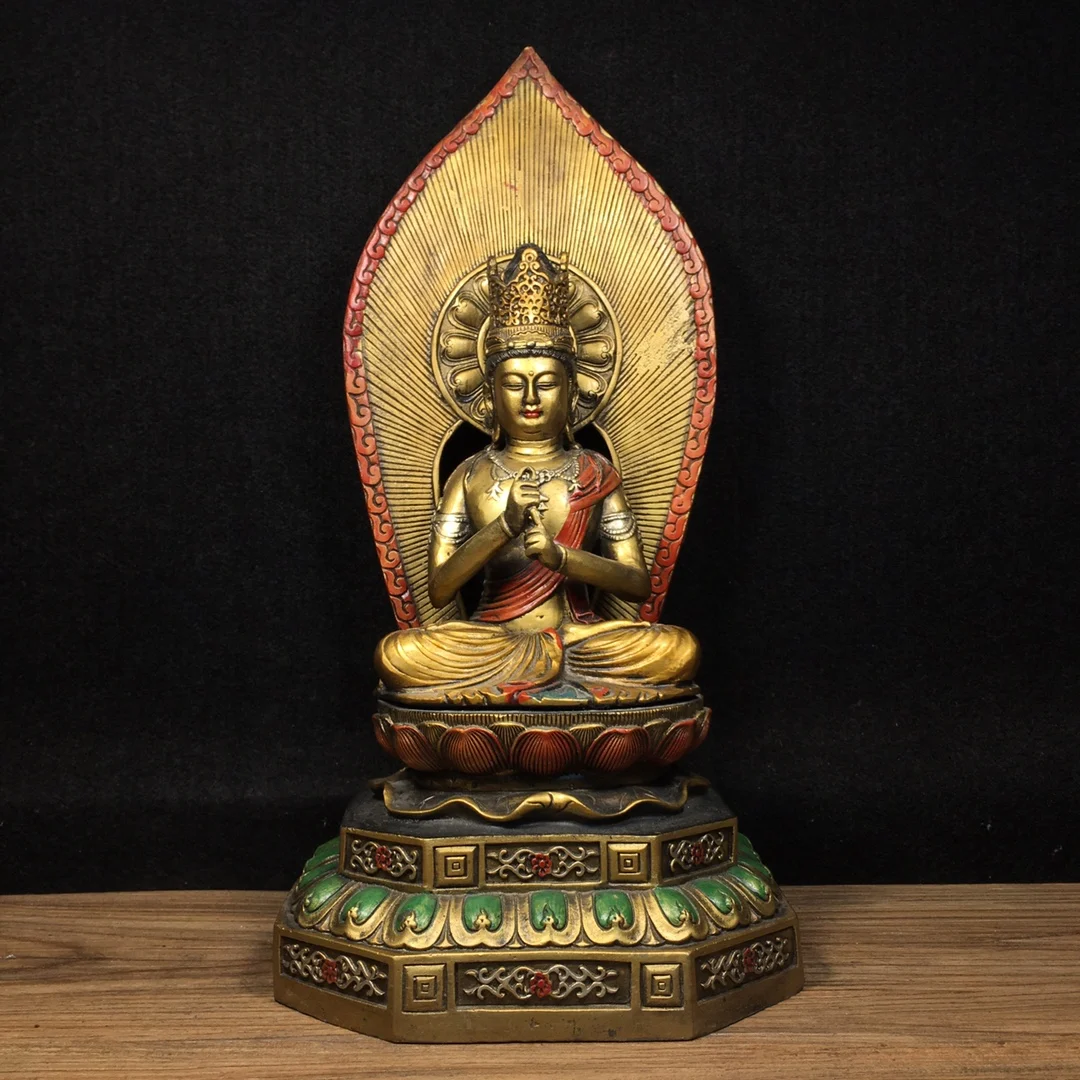 

14"Tibetan Temple Collection Old Bronze Painted Backlight Sakyamuni Great Sun Buddha Lotus Platform Worship Hall Town House