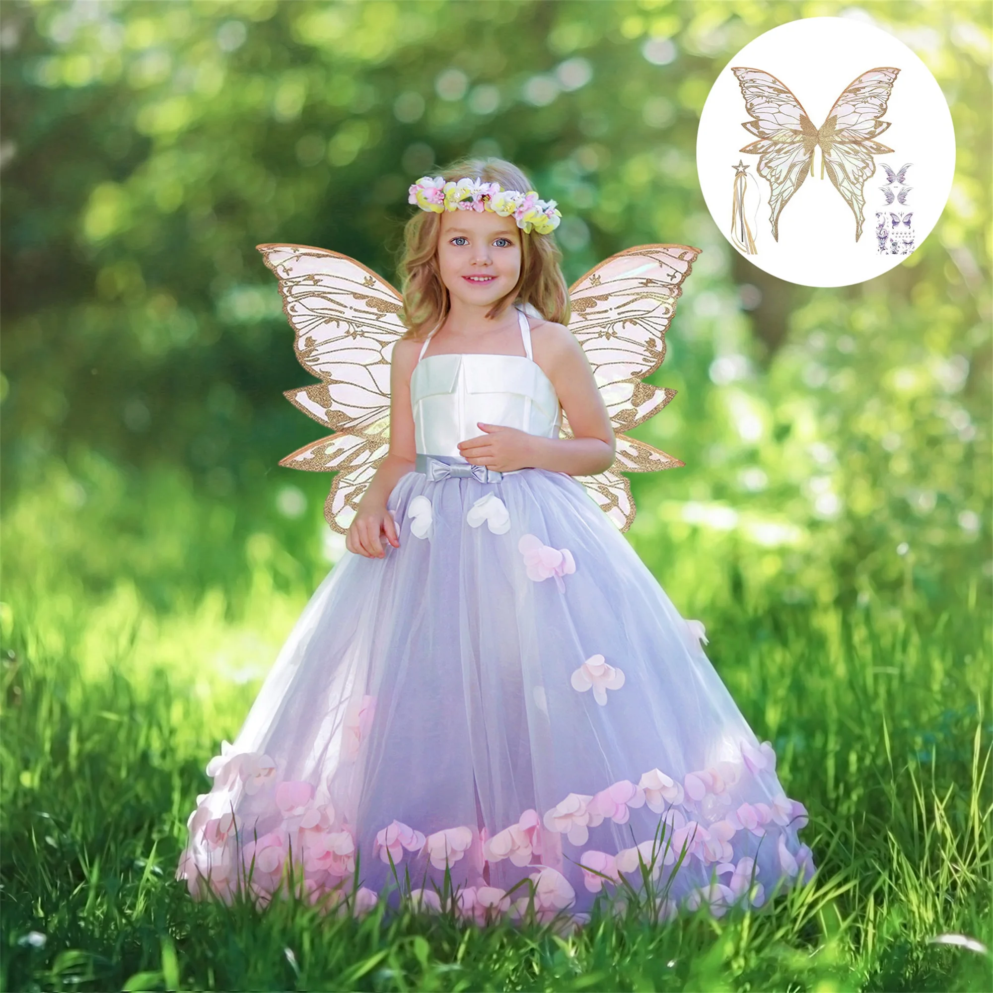 여아용 요정 공주 코스튬 세트, 반짝이는 나비 날개, 마법 지팡이, 왕관 포함 할로윈 드레스업 키트 (어린이용)