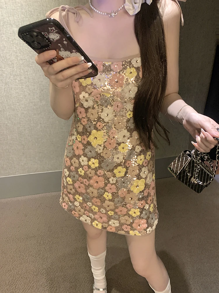 2024 Summer New Collection Sleeveless Sequins Floral Bandage Shoulder Strap Short Mini Dress Women