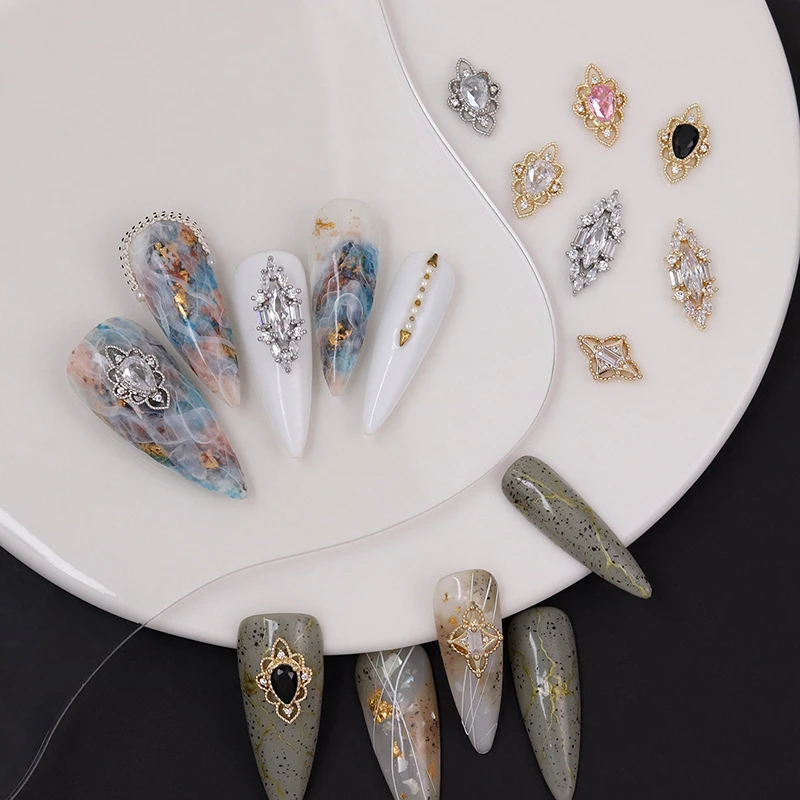 10pcs Baroque Style Nail Art Charms Hexagon Zirconia Rhinestone with Hollow-Out Design, Sparkling Copper Nail Studs for Nail Art
