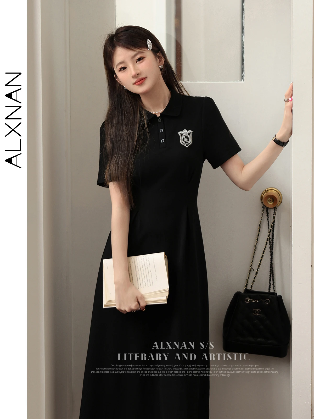 ALXNAN Polo Collar Black T-shirt Dress Woman 2024 Summer Solid Casual A-line Short Sleeve Women's Dresses Clothing LXN29826