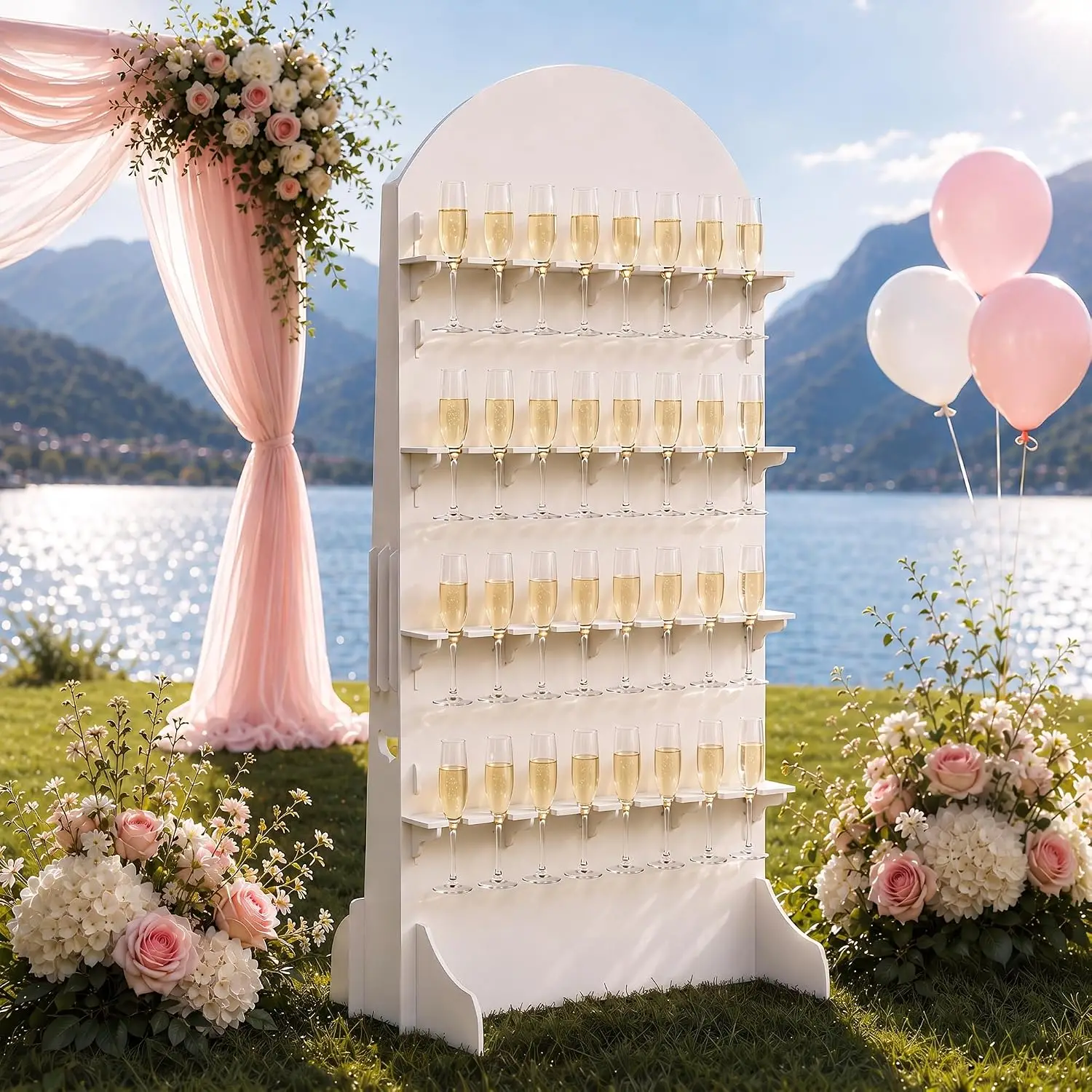 Champagne Wall 6 Ft 4 Tier Display Arch Holds 32 Glasses Simple Assembly