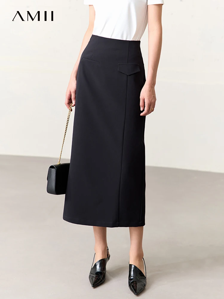 AMII Minimalism Women Black Skirts 2023 Summer New A-line Office Lady Straight Elastic High Waist Elegant Long Skirt 12342392