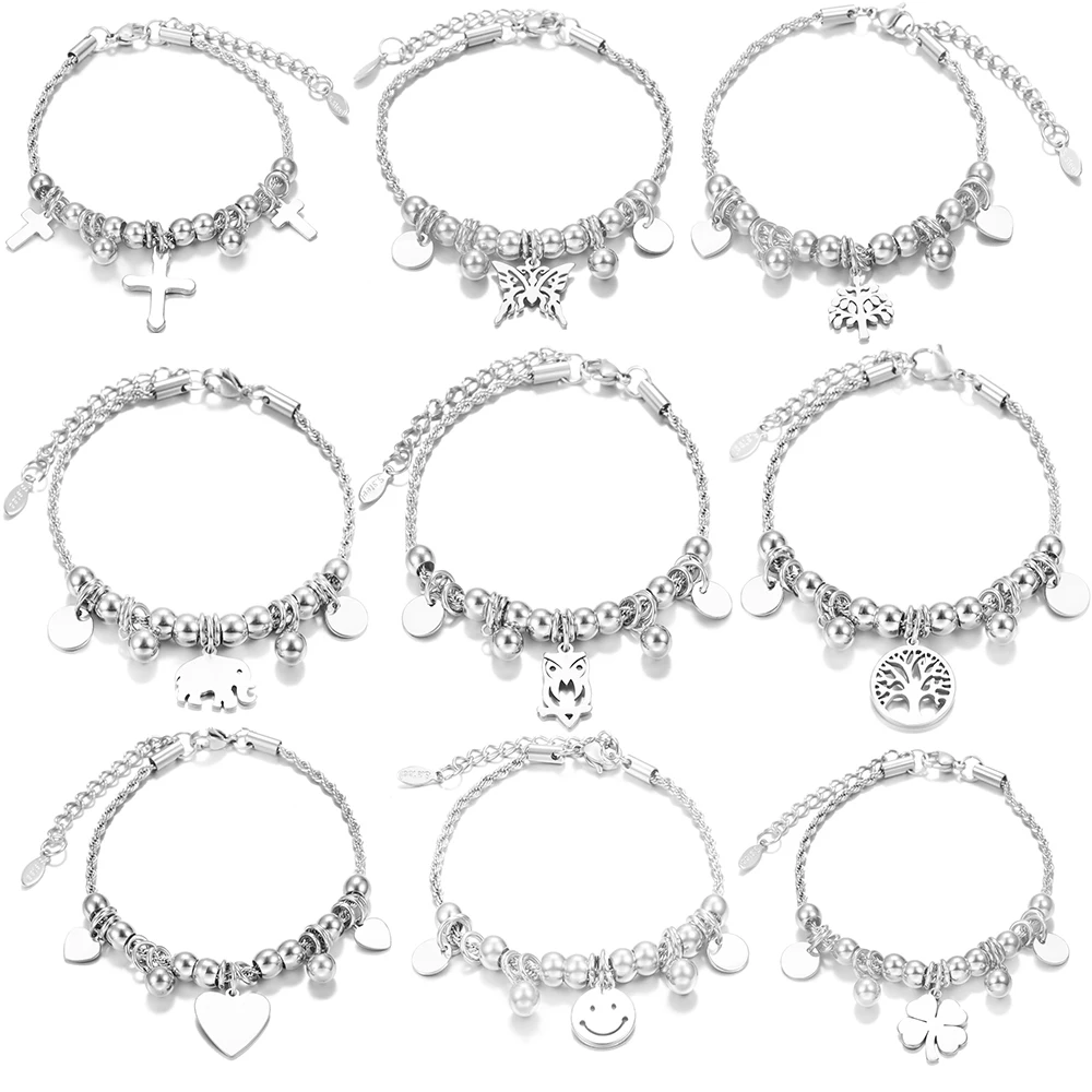 

Trendy Snake Chain Tree of Life Pendants +5cm Extension Chain Stainless Steel Round Beads Beaded Bracelet Women Bangles Jewelry