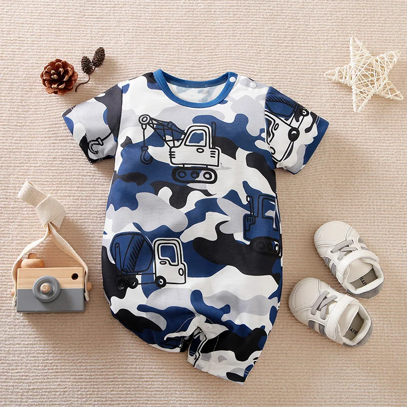 Newborn Clothes Handsome Camouflage Mixer Truck Print Comfortable And Soft Summer Boys And Girls 0-18 Short SleevedBaby Jumpsuit