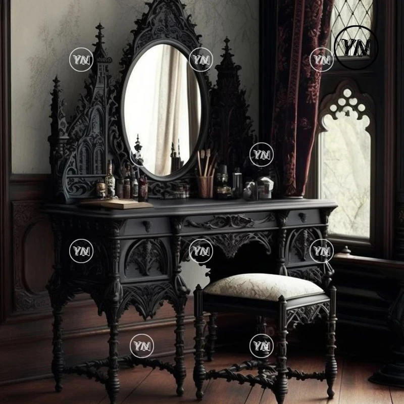 Vintage Bedroom Solid Wood Dressing Table Castle Pure Handmade Makeup Table Set