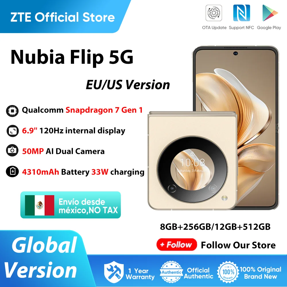 Versione globale Nubia Flip 5G Design pieghevole Smartphone Android 6.9 \