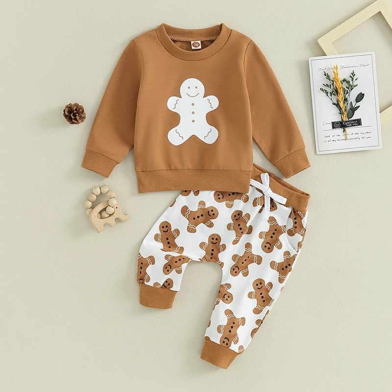 Toddler Baby Boy Christmas Outfits Print Long Sleeve Gingerbread Man Print Sweatshirt + Pants 2Pcs Fall Xmas Clothes Set