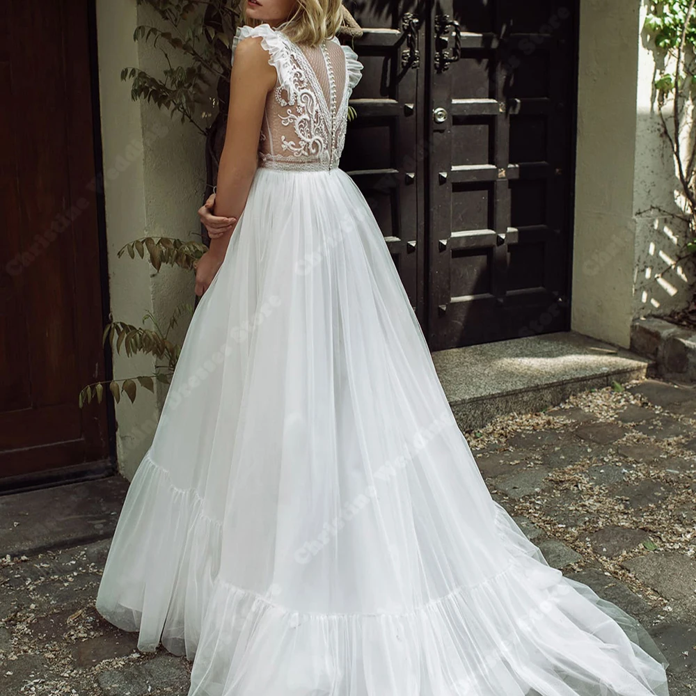 Chiffon Women Wedding Dresses Deep V-Neck Printing Design A-Line Bridal Gowns Sexy Sleeveless Backless Bride Robes Customized