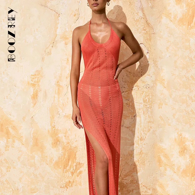 BoozRey-vestido sexy de malha para biquíni feminino, vestido de praia, proteção UV, roupa de banho feminina, monocromática, novo estilo, verão, 2024