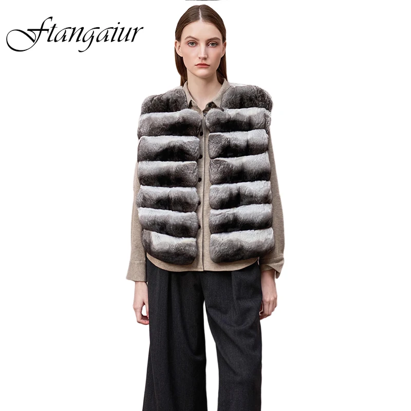 Ftangaiur Winter Import Cyan Blue Chinchilla Vest Coat O-Neck Women Sleeveless Upscale Natural Color Chinchilla Fur Vest Coats
