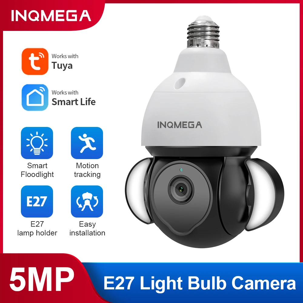 INQMEGA Tuya Bulb Camera IP PTZ Wifi Camera Security Protection CCTV E27 Light Bulb Floodlight Camera Motion Sensor with Alexa