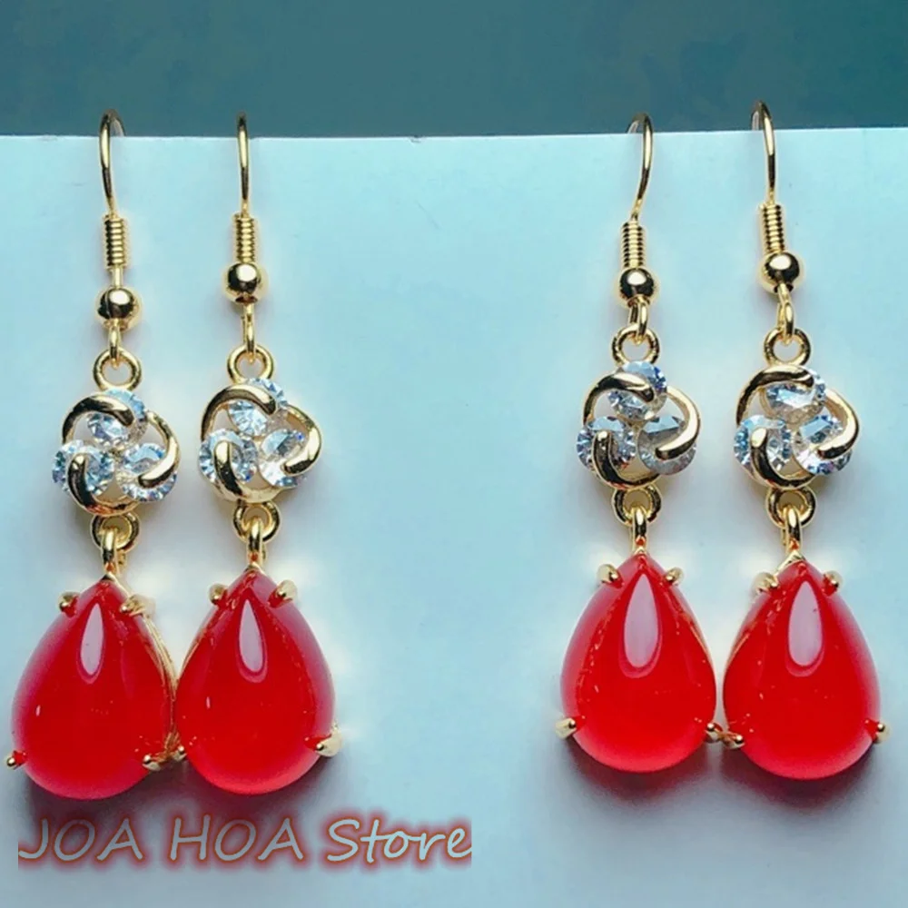 Elegance Noble Lady Jewelry Inlaid Natural Chalcedony Agate Earring Red White Pink Jade Women Ear Chain