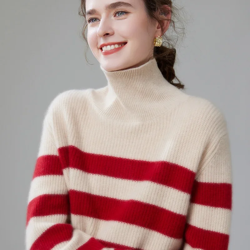 New Women's Cashmere Sweater, Luxurious, Thickened, Warm, Korean Style, Loose, Soft, Elegant, Striped, 2024 Autumn/winter