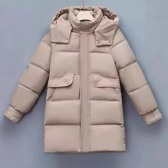 

Women Parkas Cotton Coat Jacket Winter Hooded Windproof Overcoat Zipper Thick Warm Mid Length Outerwear Office Lady Jackets