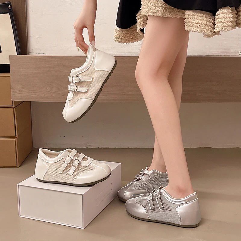 Zapatillas Deportivas de Mujer con Malla Plateada, Estilo Mary Jane, Transpirables, Planas, Casuales, Ligeras, Tipo Bailarinas