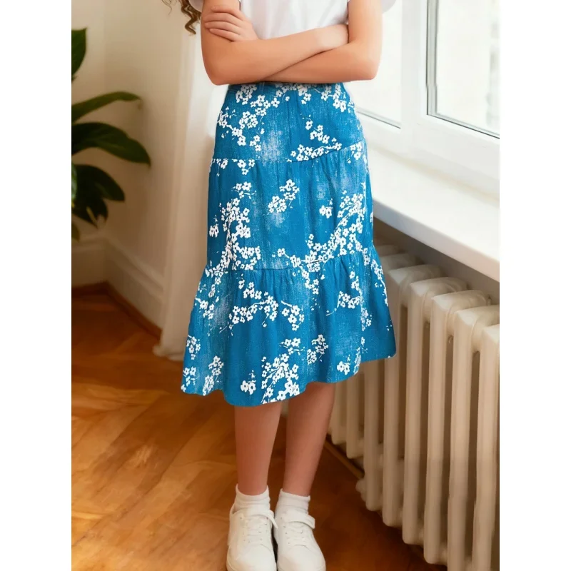 

2025 girls fashion daily casual gentle blue and white floral medium dress, imitation denim fabric, multi-layer ruffle edge