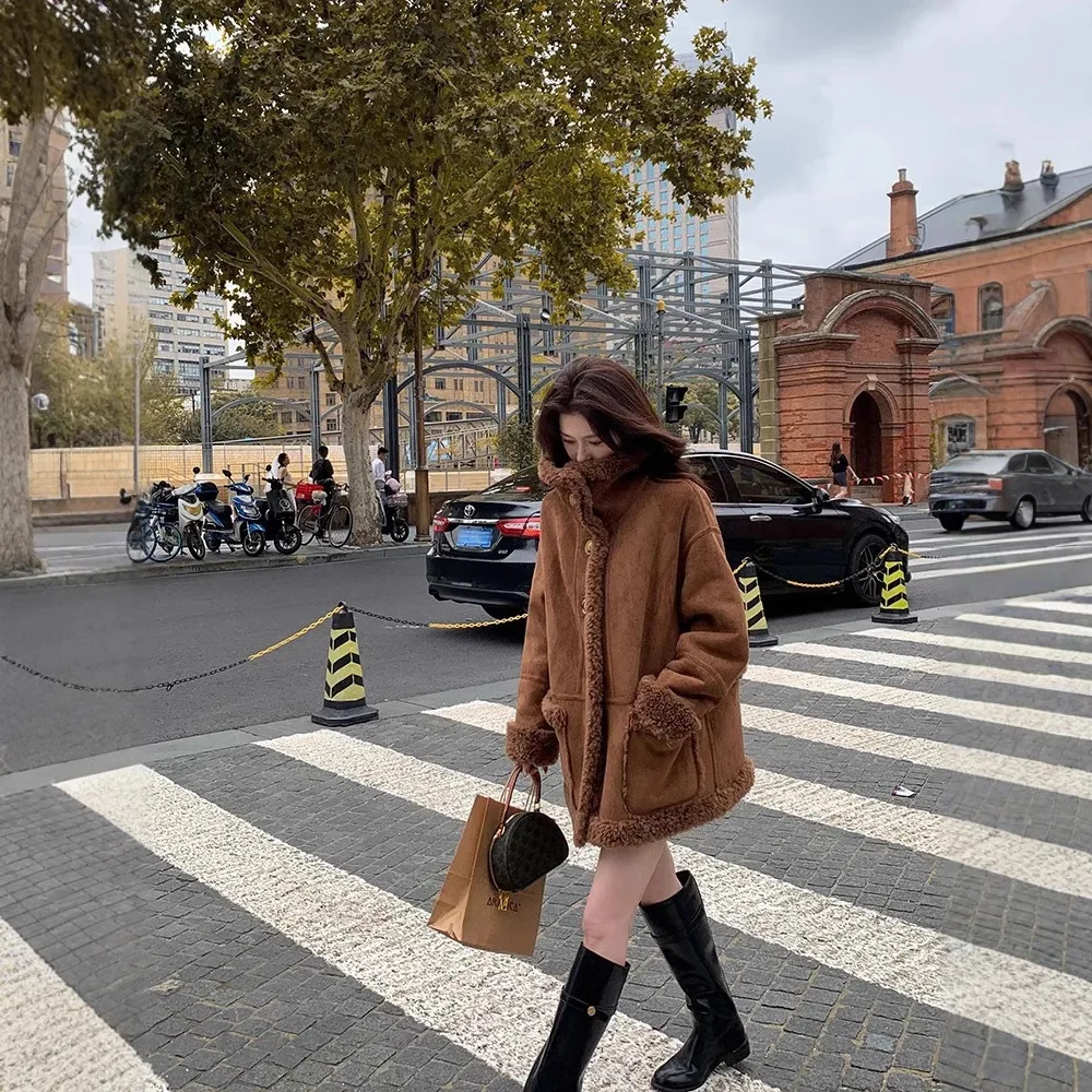 UMI MAO-abrigo Reversible de piel de oveja para mujer, abrigo de piel auténtica de lana de cordero de invierno, abrigo de longitud media, chaquetas coreanas para mujer