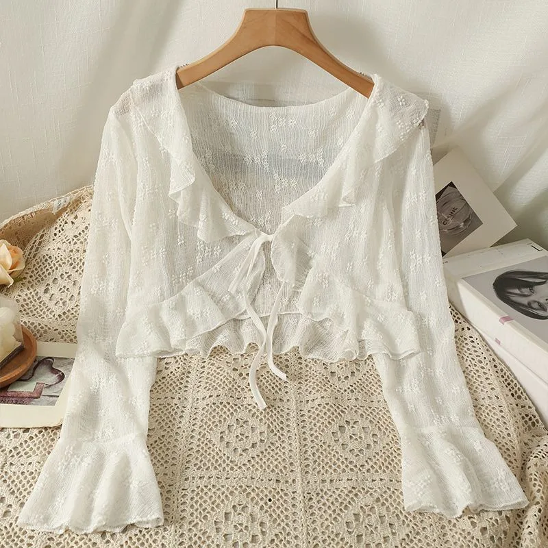 

Summer New Lotus Leaf Lace Up Lace Sunscreen Cardigan Thin Women's Camisole Dress Fairy Like Shawl Cover Up Jacket