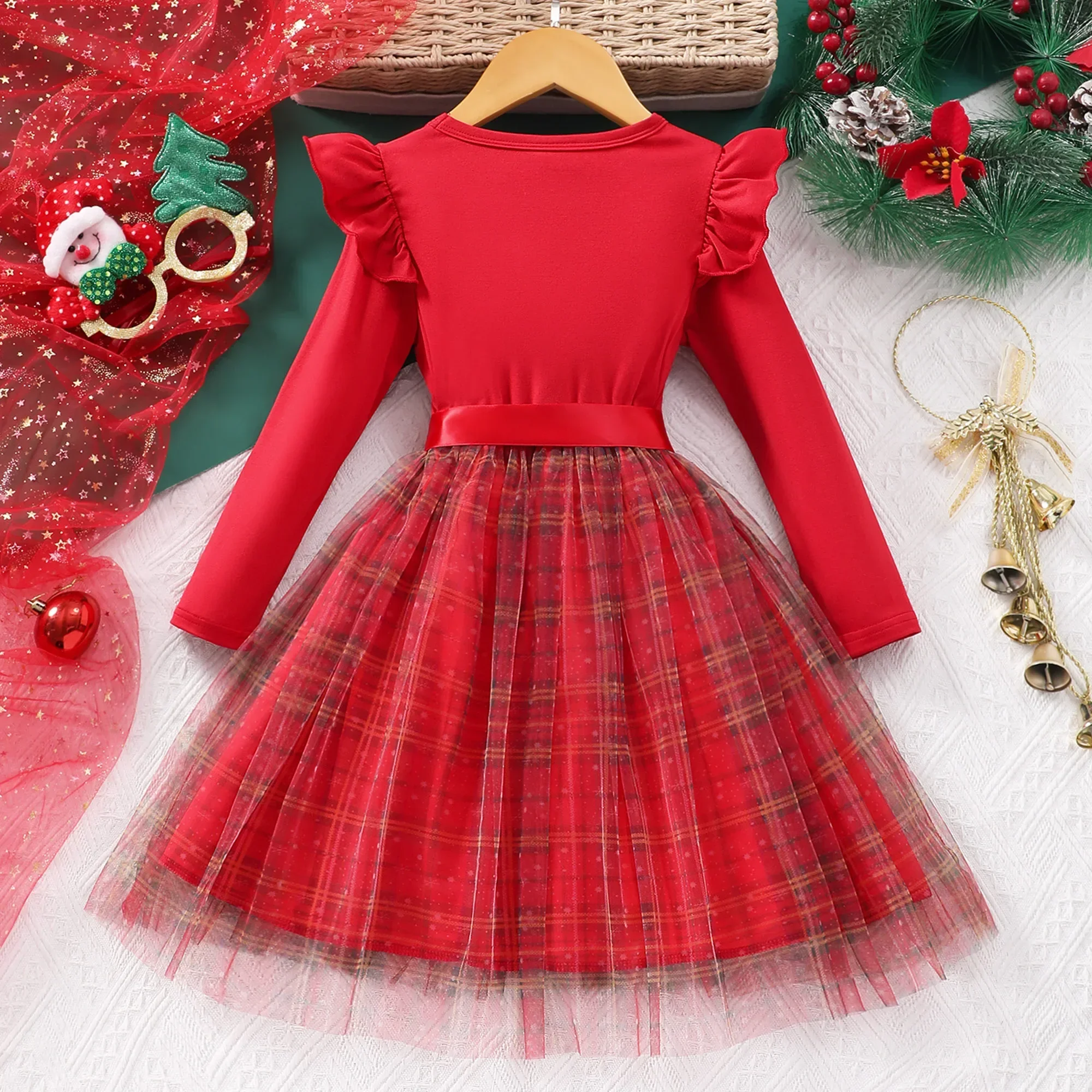 Christmas Kids Girls Dress Long Sleeve Belt Spring Summer Gauze Children Dress Casual Soft Ventilate Baby Girls Clothing 2-7Y