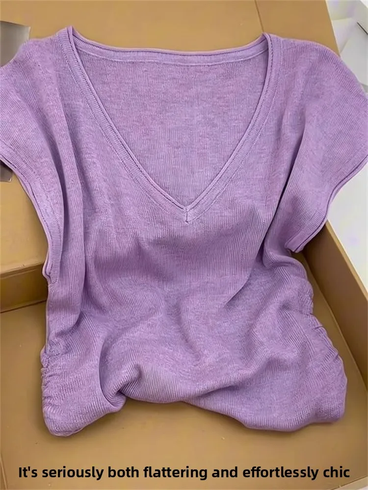 Versátil malha ort sve v-ne camiseta masculina puro desejo casual sle coreano faion verão topo umidade ng