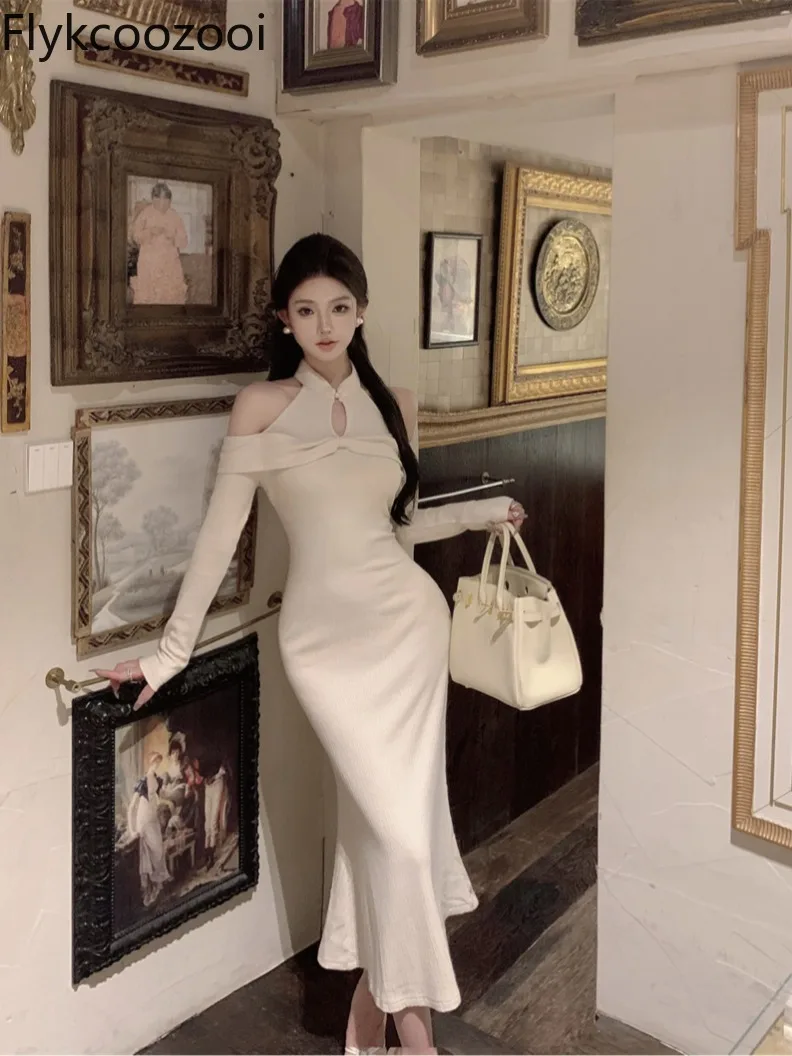 Fashion Design Sense of Niche Temperament New Chinese Ritual Off-the-shoulder Bag Hip Fish Tail Robe Sexy Vintage Dress