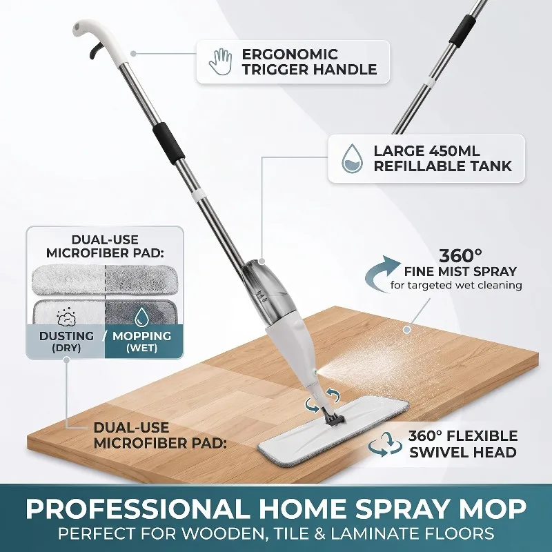 Portable Spray Mop 360 Rotating Head Dry Wet Mop for Wood Floor Tile Cleaning with Reusable Microfiber Pad