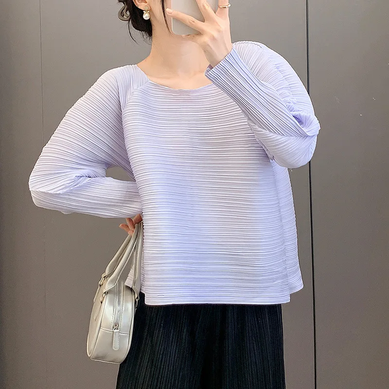 

Miyake Pleated Solid Color Blouse Women Loose Oversized Plus Size Elegant Slim Fit Batwing Sleeve Fashion Top YS325272