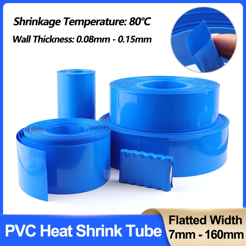 1~20m Blue PVC Heat Shrink Tube Width 7mm~160mm 18650 Lipo Battery Pack Cable Sleeve Lithium Insulated Film Wrap Case Protection