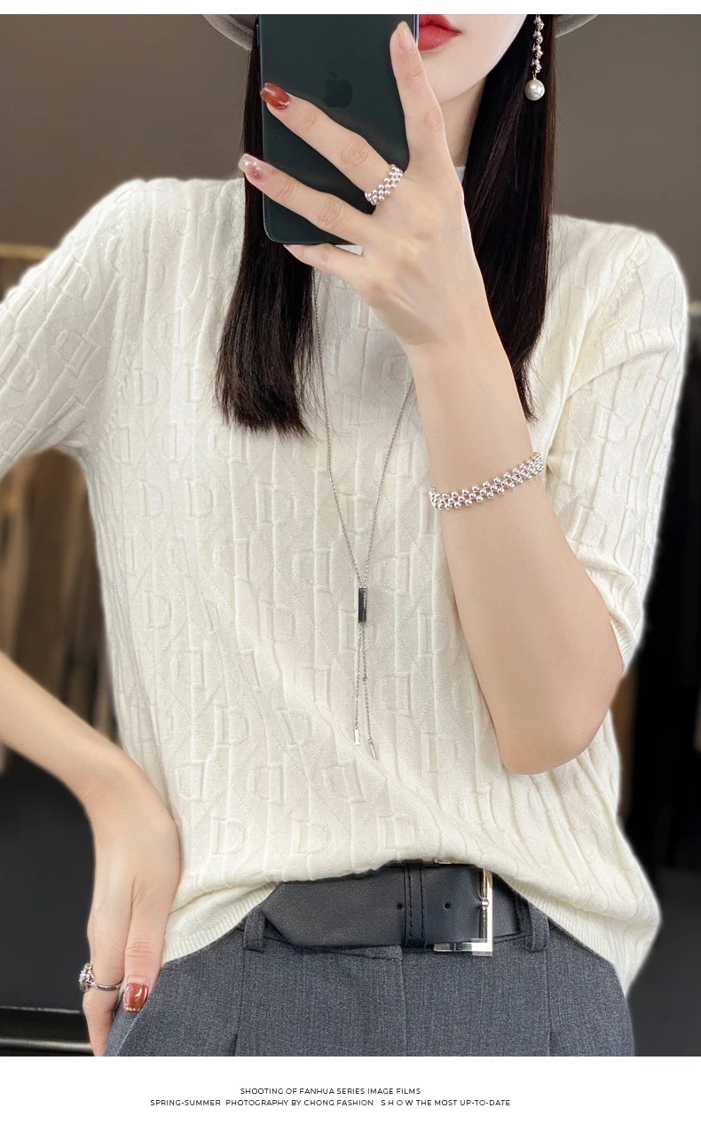 Women New Soft Diamond Letter Design Sweater Half-high Collar Three Quarter Sleeve Pullover Spring Summer Casual Knit Slim Top