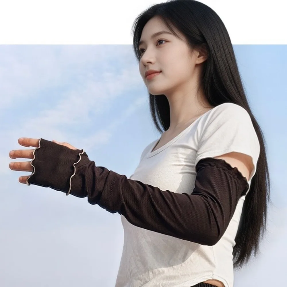 Fashion Ruffles Arm Sleeves Solid Color Breathable Sunscreen Sleeves Large Size UV Protection Cooling Arm Cover Outdoor Sports