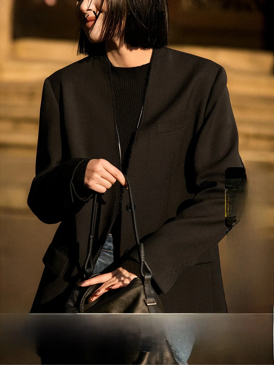 

Elegant Woolen Lapel-Free Suit by Xhange Commute Comfortable Style Warm Long Sleeve Single Button Closure Business Casual