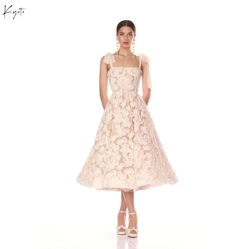 كيوتو مخصصة أوف وايت الحليب الدانتيل زهرة فستان الزفاف القوس الأشرطة الشاي طول Vestidos De Noche ألف خط بلا أكمام ثوب رسمي #1