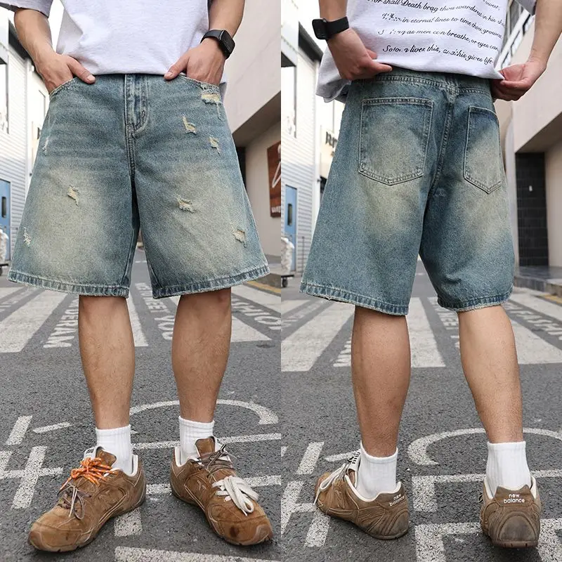 

Basic Design Baggy Retro Short Pants Men Wide Leg Loosen Fit Distressed Hoels Denim Shorts