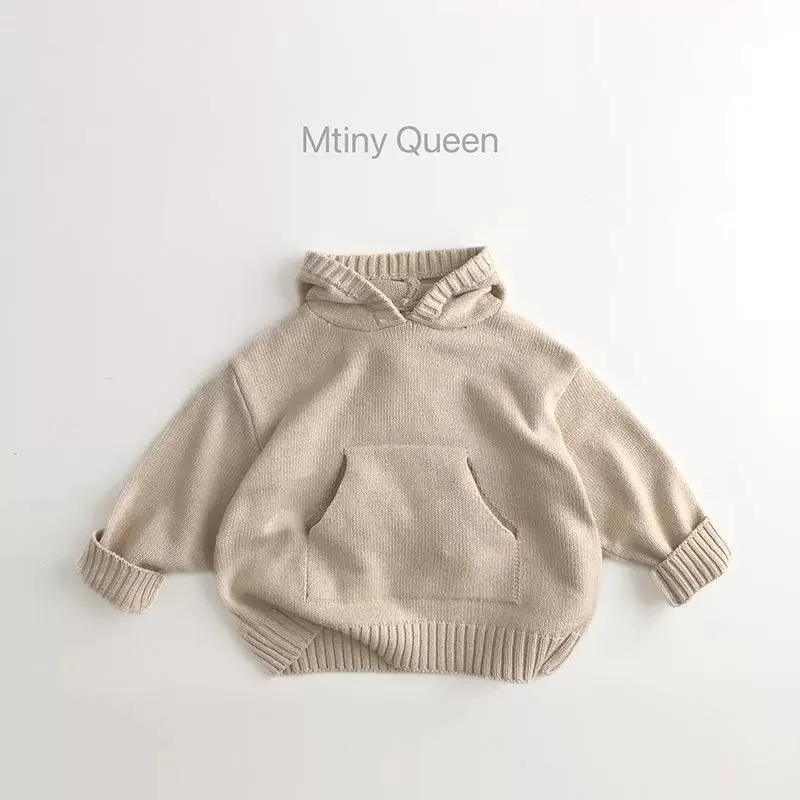 2025 Tasca frontale Maglia fine Bambini Ragazzi Ragazza Maglioni Felpa con cappuccio Pullover in maglia Cappotto in maglia per bambini con cappuccio stile allentato