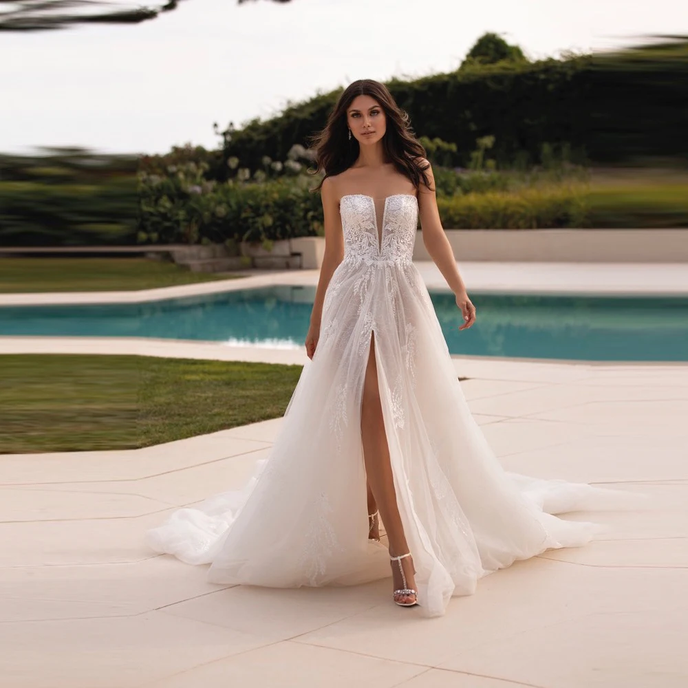 

Sexy Strapless Sleeveless Women Wedding Dresses Sweetheart Collar Tulle Bridal Gown Princess Party Vestidos De Novias Customized