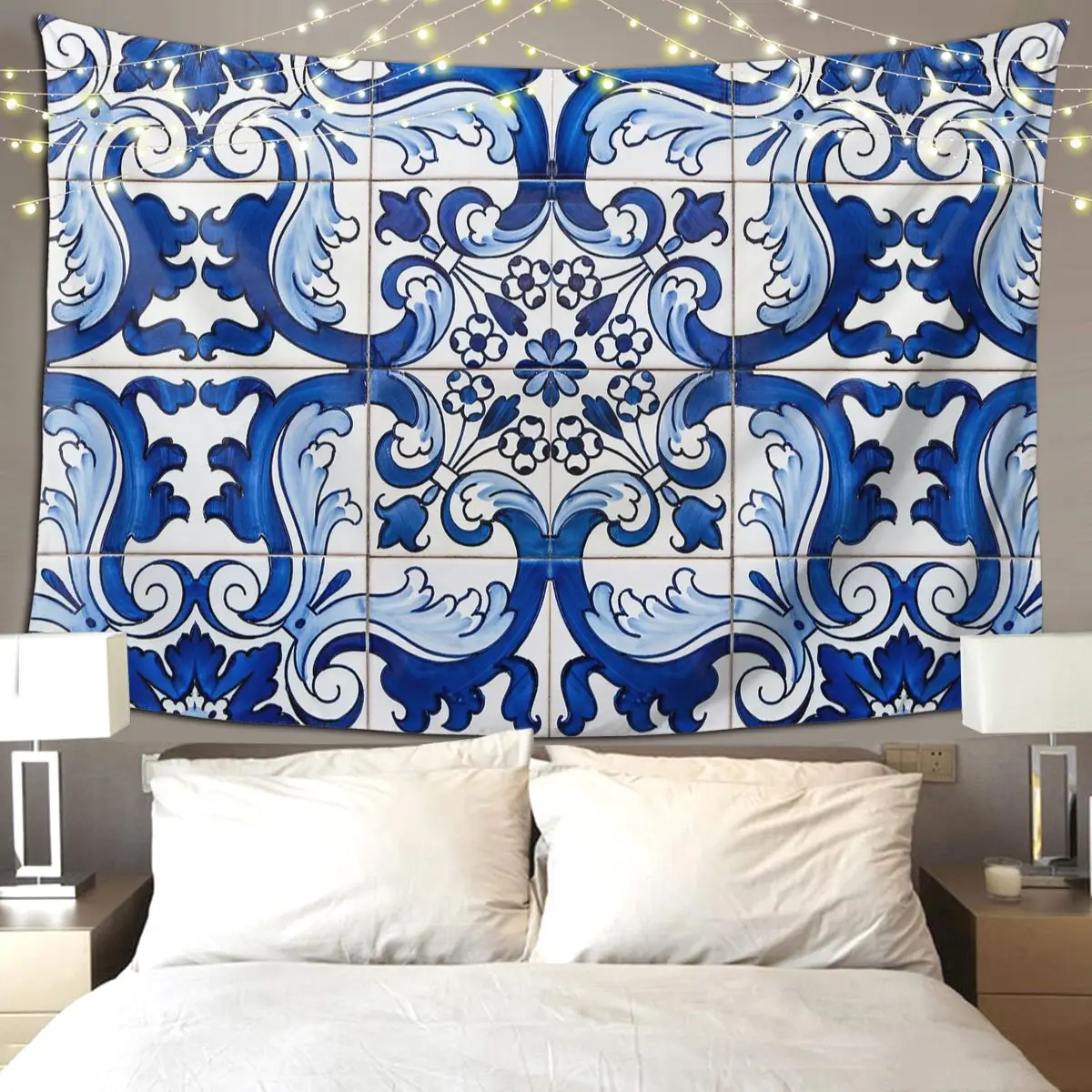 Antique Classic Lisbon Blue Azulejo Tile Floral Pattern Tapestry Art Wall Hanging Aesthetic Home Decoration Tapestries Bedroom