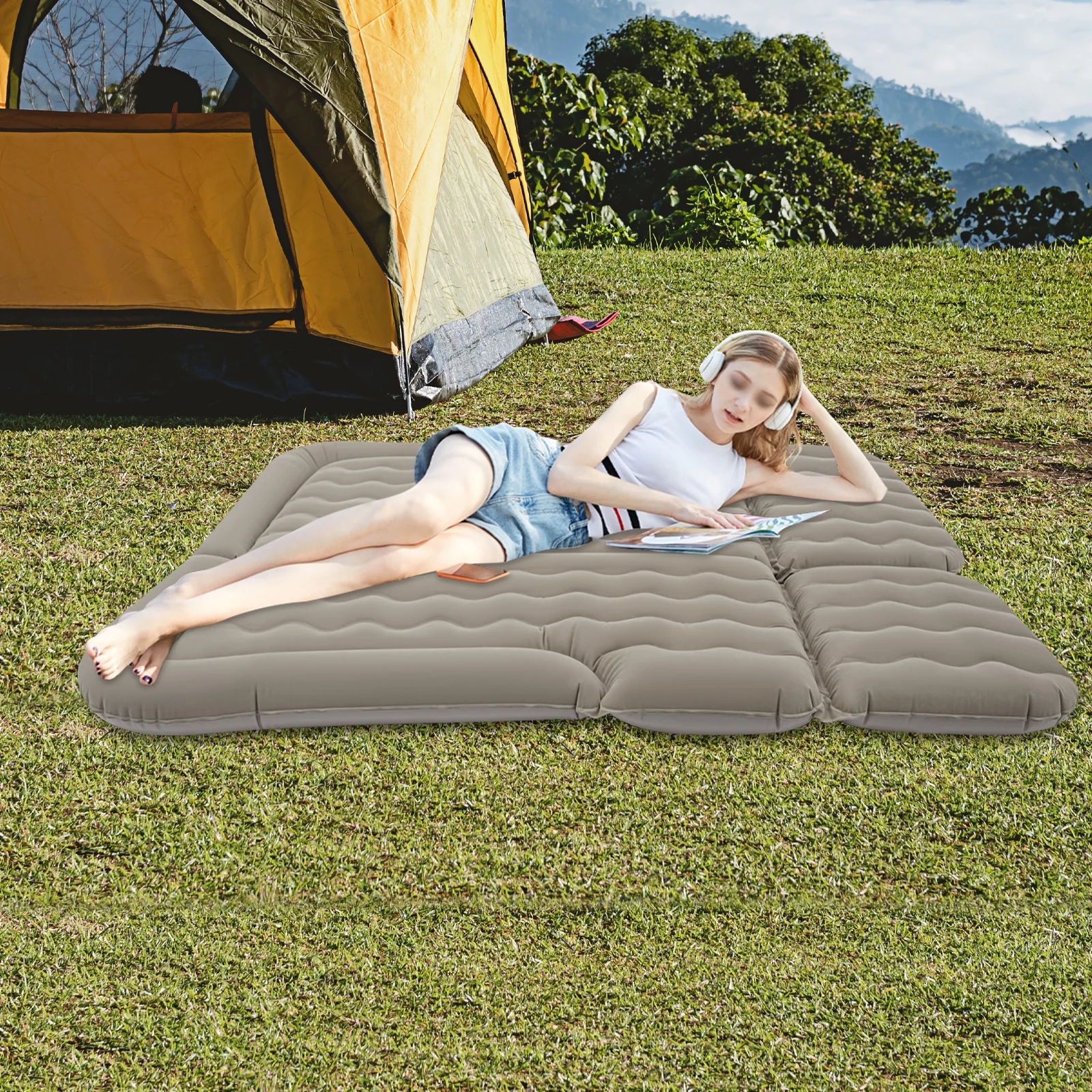 

Стабильный серый надувной матрас с двухслойной надувной насадкой - защита от утечки воздуха и быстрой дефляции, универсальный для автомобиля/дома