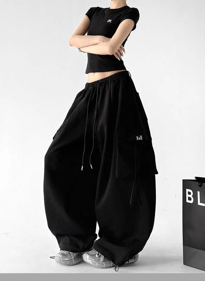 American Hip-hop Cargo Tooling Sweatpants Big Pocket Streamer Wide Leg Pants Women Baggy Pants