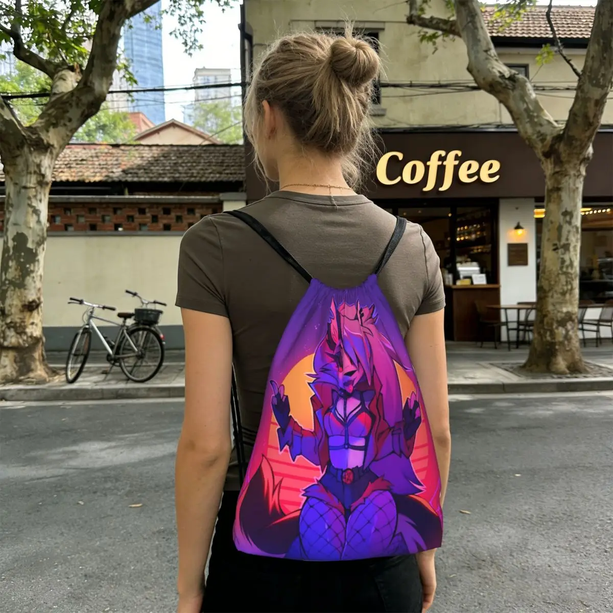 Loona Collage Helluva Boss Anime Backpacks Portable Drawstring Bundle Pocket Storage Bag Book Bags for Man Woman School