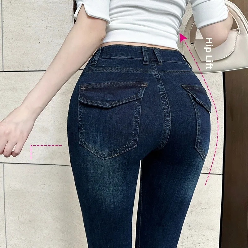 Niebieskie dżinsy bootcut z wysokim stanem, modelujące sylwetkę, z efektem wyszczuplającym brzuch, dla kobiet o krągłym kroju, długie spodnie wyszczuplające.