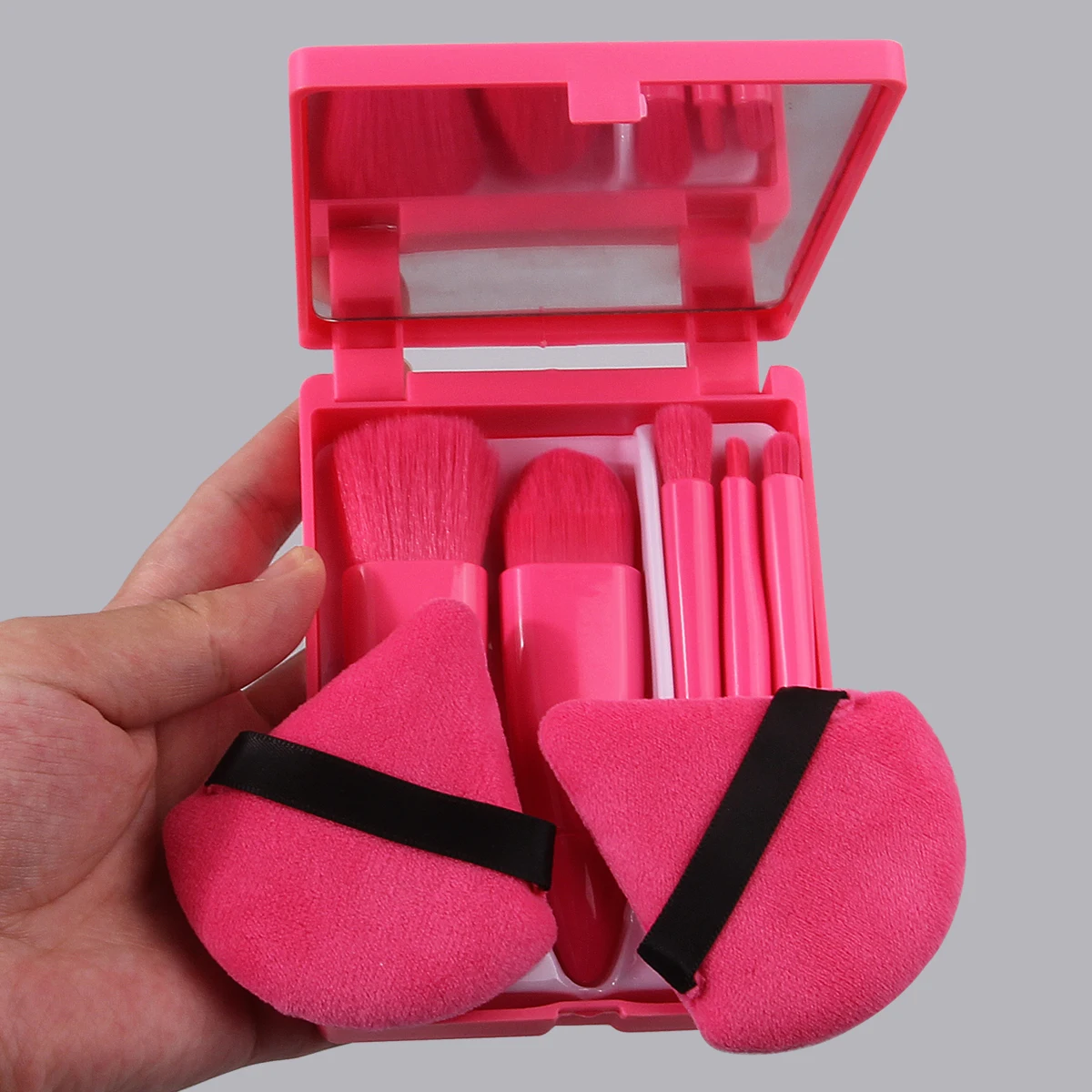 5 pçs caixa de espelho de armazenamento portátil conjunto de escova de maquiagem, escova de contração de cerdas macias, pincel de sombra + 2 pçs esponja maquiagem em pó puff